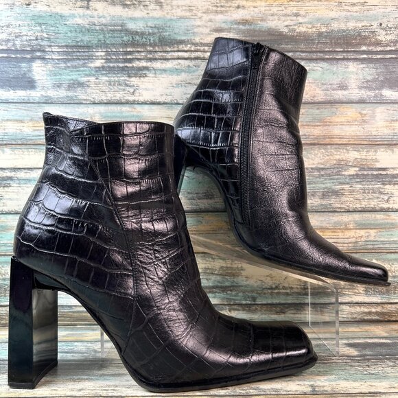 bebe Shoes - Bebe Ankle Boot Womens 11M Black Croc Print Leather Square Toe Club Edgy Modern